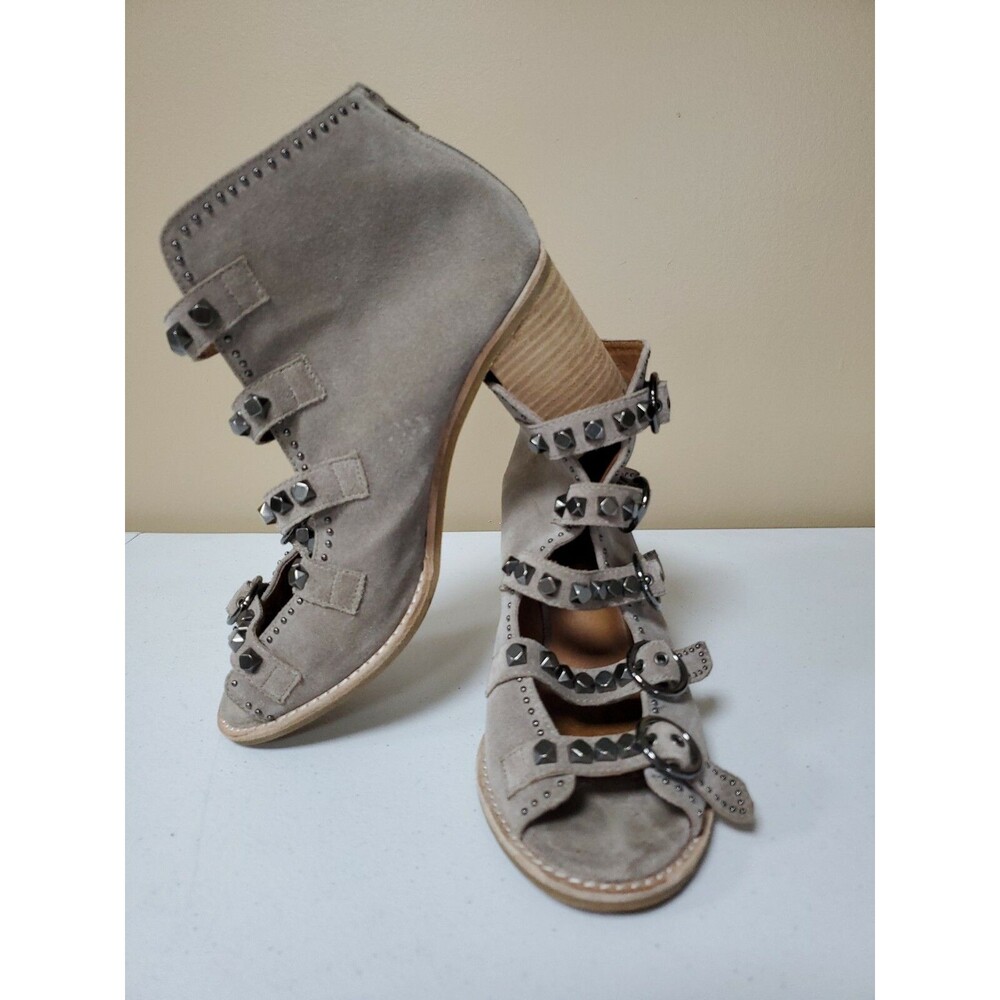 Jeffrey Campbell Taupe Suede Bess Stud Strappy Open Toe Block Heel Boots SZ 9